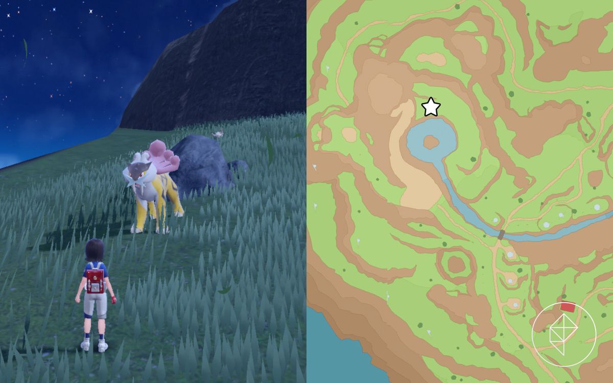 一张地图显示了《精灵宝可梦 猩红与紫罗兰》中在湖边可以找到莱公的位置