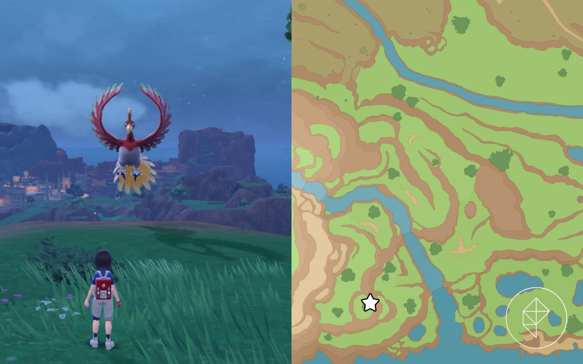 A map showing where to find Ho-oh on the cliffside in Pokémon Scarlet and Violet