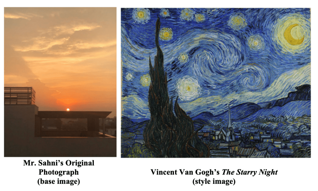 Two images. The left image is the original photograph of a sunset by Mr. Ankit Sahni. The Right image is "The Starry Night" by Vincent Van Gogh.