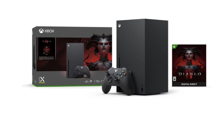 Schwarzes Xbox Series X-Konsolenpaket mit schwarzem Controller und Basisspiel.