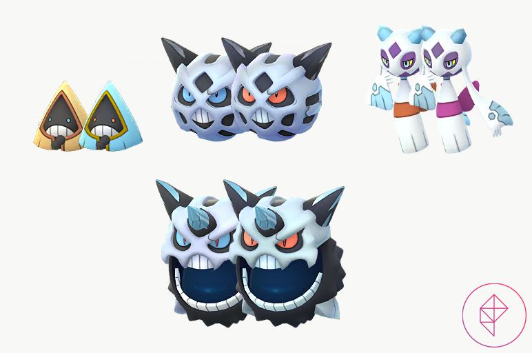Snorunt, Glalie, Froslass, and Mega Glalie with their shiny forms in Pokémon Go. Snorunt turns from orange to blue, Glalie gets red eyes, and Froslass gets a pink sash instead of red-orange.
