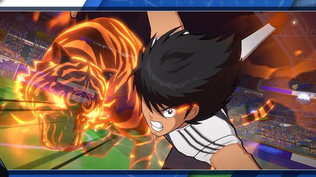 Feature image for our Captain Tsubasa Ace codes guide. It shows a player charging toward the viewer, with an orange tiger spirit form behind him.