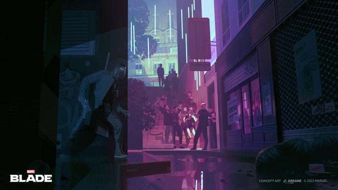 Concept art for Marvel's Blade showing Blade being stealthy on the streets of Paris.