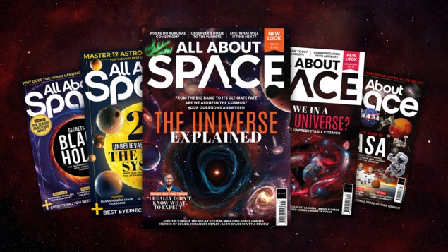 Fanned out array of magazines with the title All About Space