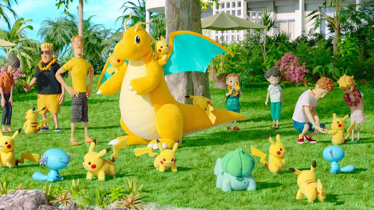 An outdoor gathering featuring a dozen Pikachu and a Dragonite, along with assorted other Pokemon