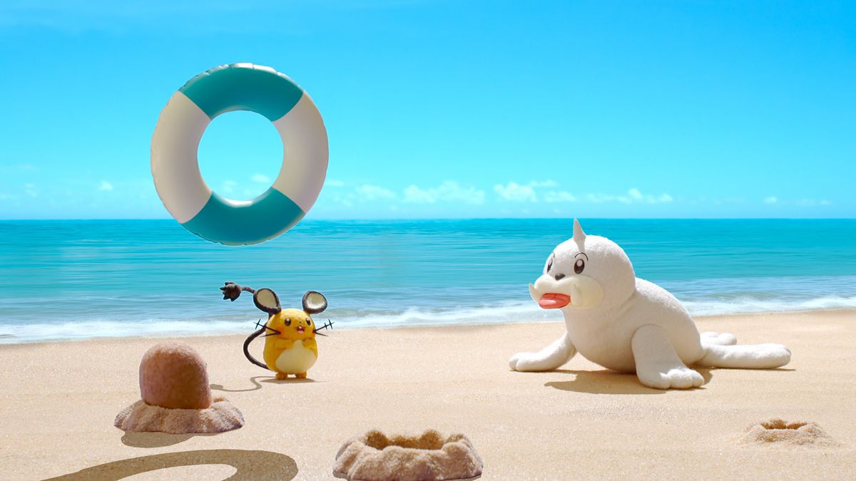 Seel, Dedenne, and Diglett play volleyball on the beach