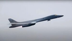 Final B-1 Of Latest Bomber Task Force Europe Leaves RAF Fairford With Wing Wave Departure
