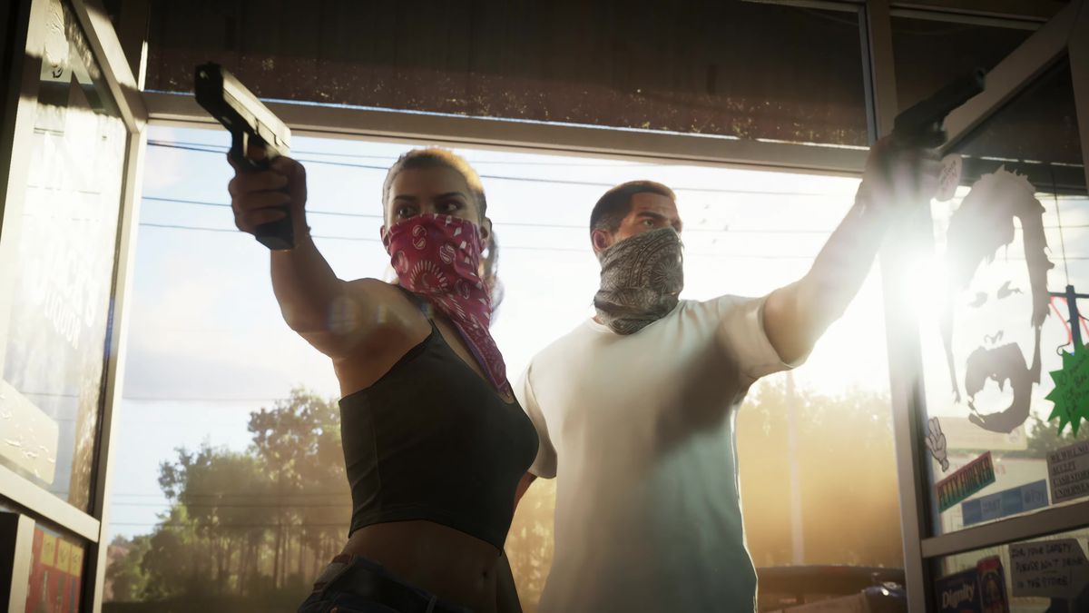 Grand Theft Auto 6 co-protagonists Lucia and Jason, wearing gaiters over their faces, burst into a convenience store aiming pistols in Grand Theft Auto 6