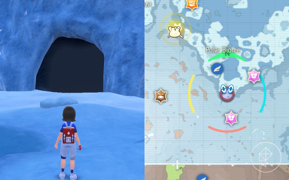 A Pokémon trainer stands outside of an entrance to Chargestone Cavern in Pokémon Scarlet and Violet.