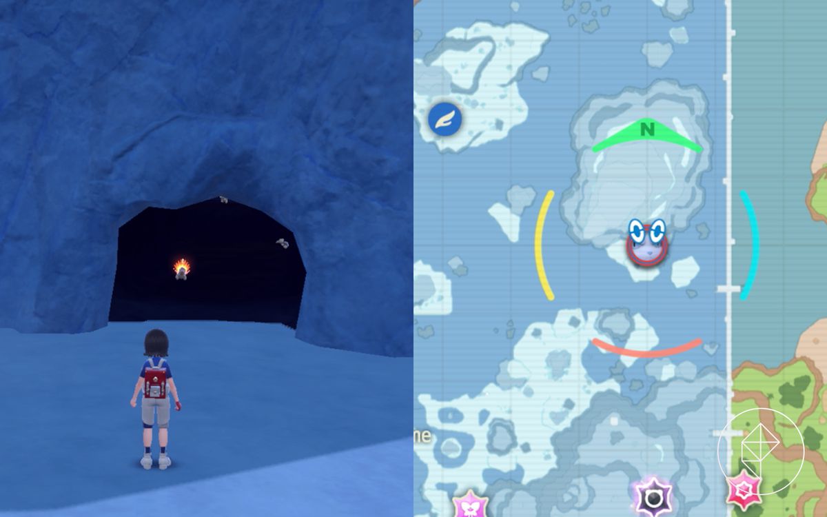 A Pokémon trainer stands outside of a cave with Cyndaquil inside in Pokémon Scarlet and Violet.