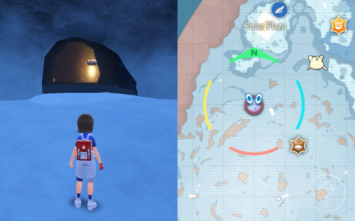 A Pokémon trainer stands outside of a cave with Torchic inside in Pokémon Scarlet and Violet.
