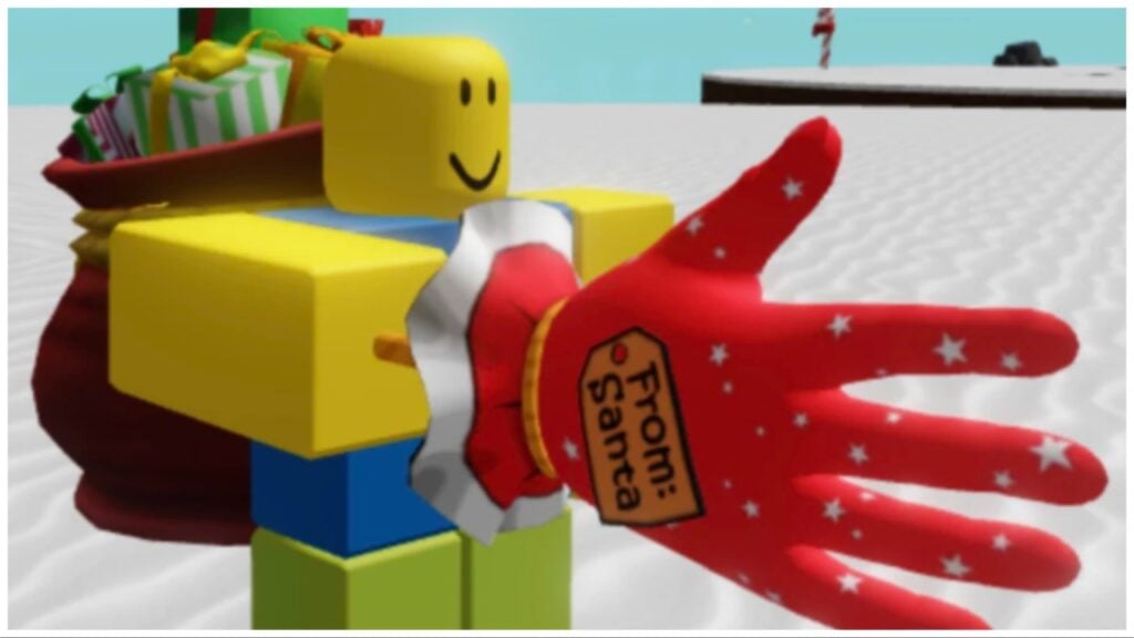 the image shows a roblox noob holding the santa glove which is red with white sparkles and a "from santa" tag on the back. On the back of the player is a large gift sack with presents inside