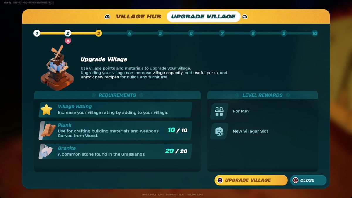 Lego Fortnite&nbsp;Upgrade Village menu