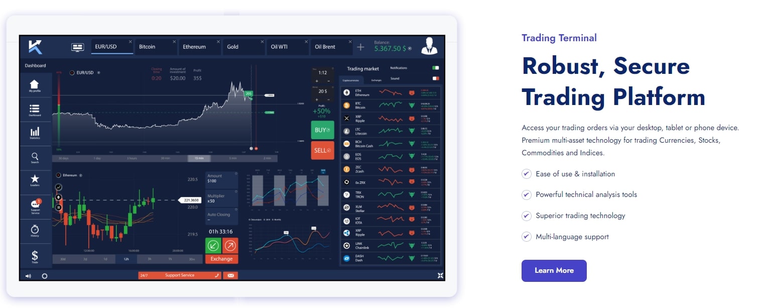 Screenshots of Korata's robust and secure trading terminal interface, showcasing ease of use, advanced technical analysis tools, and multi-asset technology for trading in currencies, stocks, commodities, and indices.