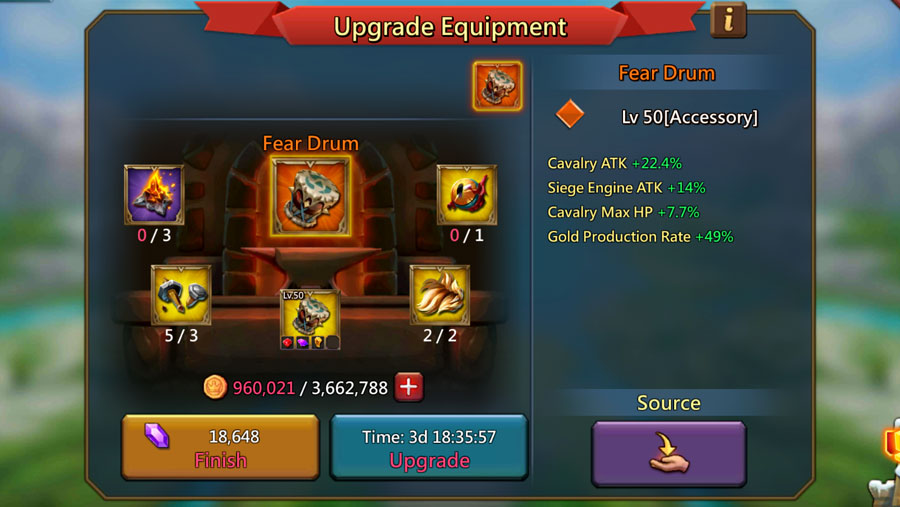Upgrading Fear Drum Accessory Mythic Gear in Lords Mobile