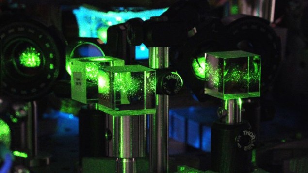 Optics bathed in green and blue light