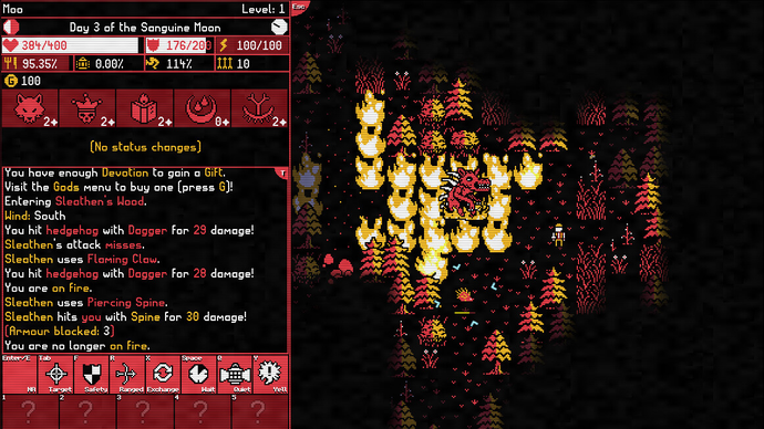 Ảnh chụp màn hình chính thức của Moonring hiển thị quỷ đỏ trong khu rừng rực lửa ở bên phải và hộp văn bản ở bên trái, theo phong cách nền đen cổ điển.