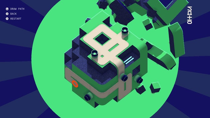 Un niveau de puzzle qui forme une piste en boucle sur plusieurs faces d'un cube noueux dans cet écran de Rytmos.