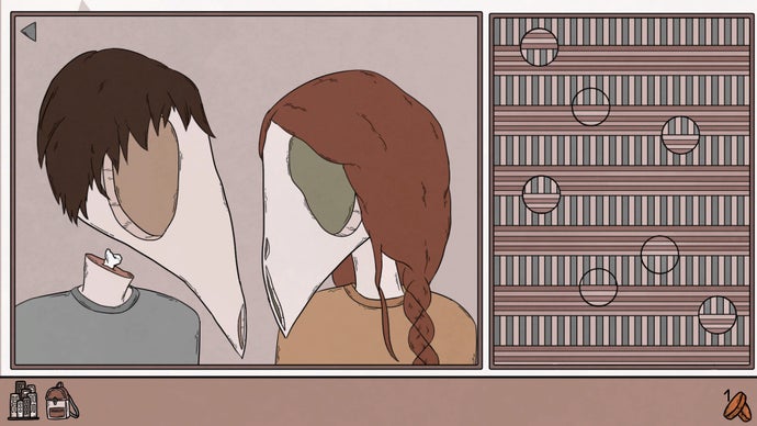 Posnetek zaslona iz igre Birth. Dva lika s koničastimi lobanjami, brez kože ali drobovja pod zevajočimi očmi, se soočata drug z drugim.