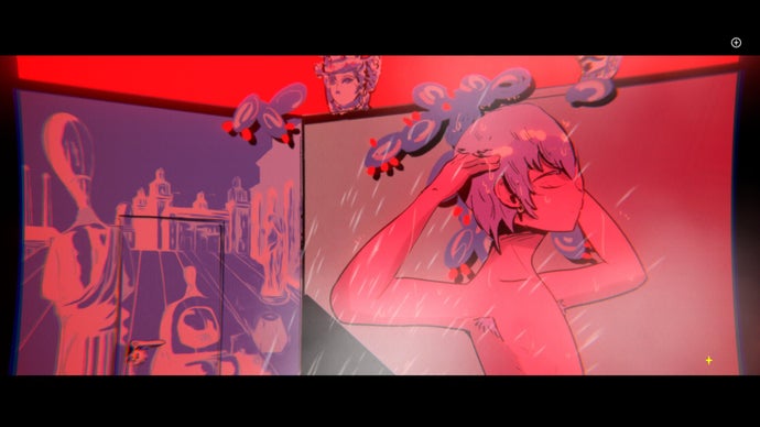 Une illustration très stylisée de Mediterranea Inferno montrant un jeune homme, Claudio, se lavant les cheveux sous la douche. L’image est baignée d’une lumière rouge peu naturelle et on peut voir des branches de cactus ramper au-dessus de la cabine.