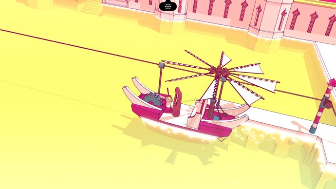 在《塞纳尔之歌》中乘船旅行，船固定在一根绳子上，由风车结构推动