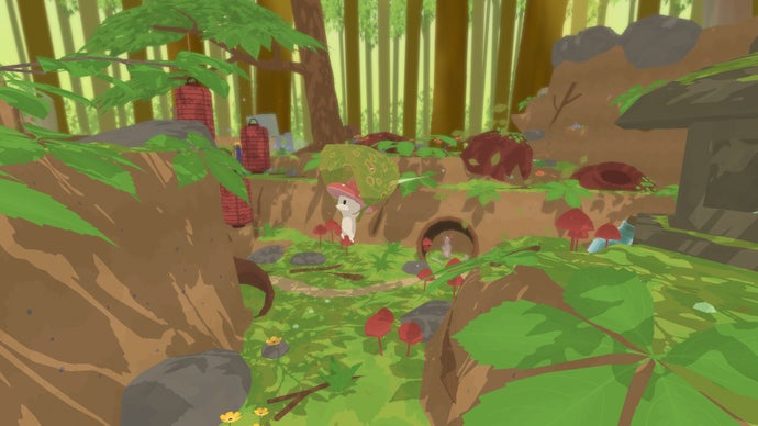 स्मूशी कम होम का एक स्क्रीनशॉट। एक छोटा मशरूम व्यक्ति एक चित्रण शैली के जंगल की जमीन पर खड़ा है। पूरा दृश्य एकदम हरा और भूरा है.