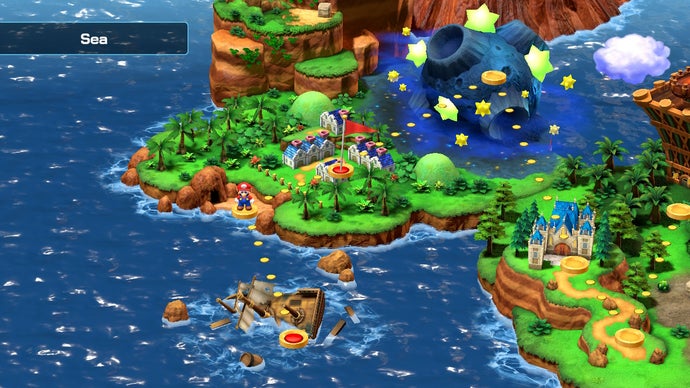 นี่คือหน้าจอแผนที่จาก Super Mario RPG ซึ่งแสดงส่วนริมทะเลของแผนที่พร้อมเส้นทางระหว่างสถานที่ต่างๆ