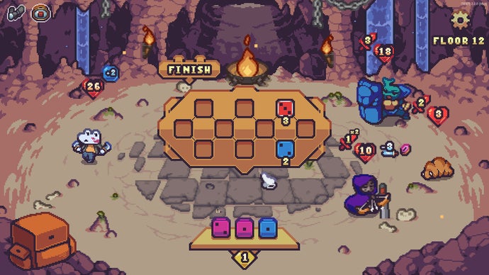 Posnetek zaslona iz Die in the Dungeon: Origins, ki prikazuje slikovito notranjost jame z liki na desni in levi strani zaslona, ​​obrnjenimi drug proti drugemu. Na sredini so kocke – kocke, ki odločajo, kdo zmaga in kdo izgubi.