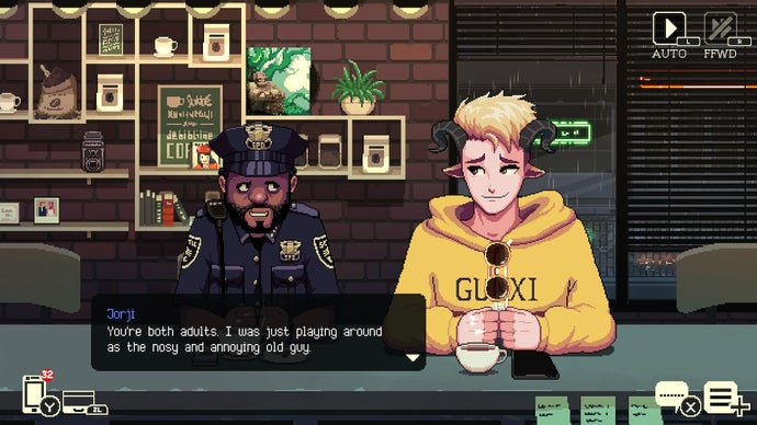 Coffee Talk 2 ismertető – képernyőkép, amelyen egy zsaru egy kínos kecskeemberrel beszélget narancssárga kapucnis pulcsiban