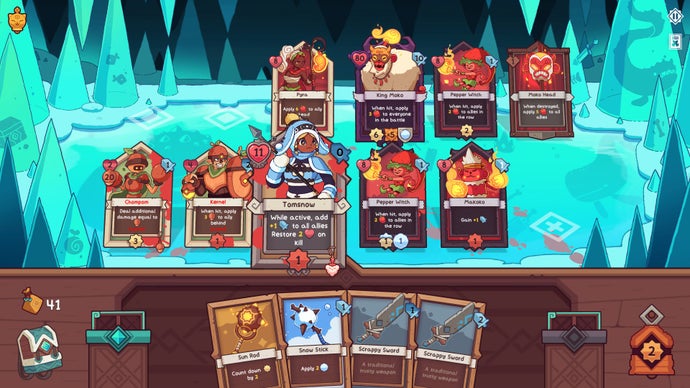 Le jeu de cartes Wildfrost en action. Il y a deux rangées de personnages colorés qui s'affrontent.