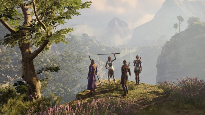 Gale, Lae'zel, Wyll, and Shadowheart looking over the edge of a cliff ion Baldur's Gate 3 with a tree to the left and a waterfall in the distance.