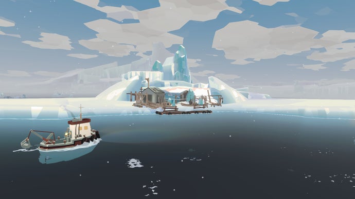 Een screenshot van Dredge's The Pale Reach-uitbreiding toont een vissersboot die een gammele steiger en een hut nadert die op de rand van een ijsberg is gebouwd.