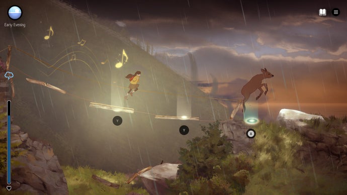 Highland Song -kuvakaappaus, jossa Moira jahtaa peuroja musiikillisiin hyppykehotuksiin
