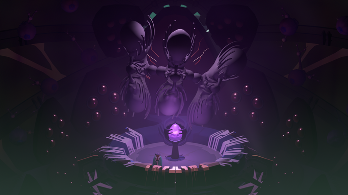 Zrzut ekranu z Cocoon z nowym bossem wznoszącym się nad fioletową kulą, na oczach głównego bohatera gry – insektoida