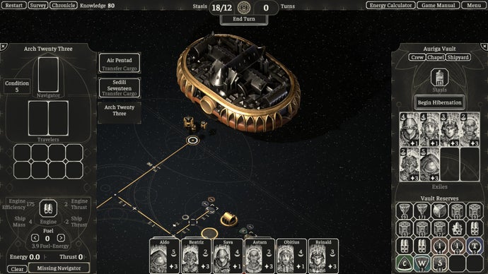 Screenshot from The Banished Vault showing the Vault ship and overlay of its storage and the Exiles on board