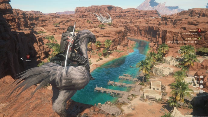 Clive, le personnage principal de Final Fantasy 16, monté sur un Chocobo, contemplant une rivière turquoise éclatante dans le désert.
