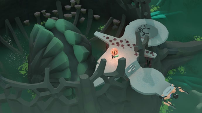 Le personnage du joueur place une bille du monde pour activer un mécanisme dans le Cocoon de Geographic Interactive.
