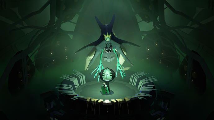 Screenshot van Cocoon waarin een nieuwe baas boven een groene bol uitsteekt terwijl de insectoïde hoofdpersoon toekijkt