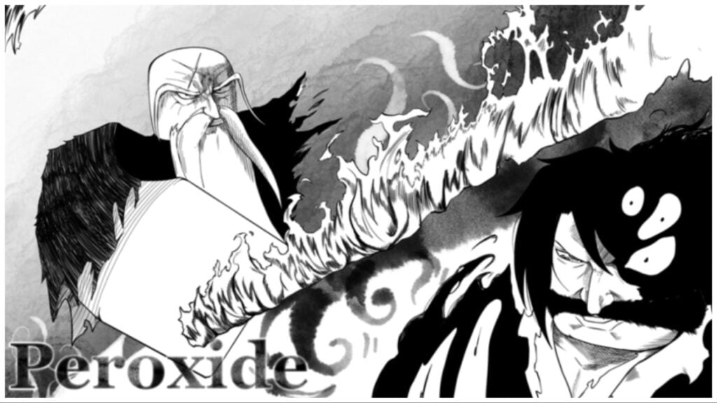 the image shows two men in the roblox style in combat. the drawing is done in a black and white manga like style. the man closest to the viewer has a half black masked face with multiple eyes. the man furthest away is bald and elderly with a long white beard and he is wielding a fire blade of sorts