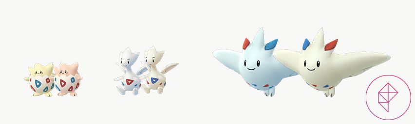 Shiny Togepi, Togetic, and Togekiss in Pokémon Go with their normal forms. Shiny Togepi is a shade of light pink, whereas shiny Togetic and Togekiss get a yellow tint.