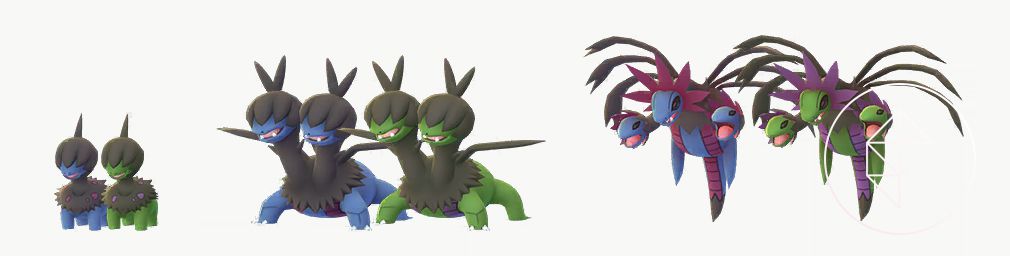Deino, Zweilous, and Hydreigon stand next to their Shiny forms, which turn their blue body green.