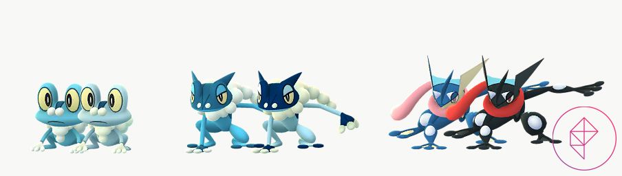 Froakie, Frogadier, and Greninja with their shiny versions in Pokémon Go. Froakie turns lighter blue, Frogadier gets a darker head but lighter body, and Greninja sports a more cool black and red color scheme.