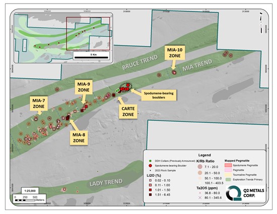 Cannot view this image? Visit: https://platoaistream.com/wp-content/uploads/2023/12/q2-metals-confirms-discovery-of-8-new-mineralized-pegmatite-zones-with-assay-results-from-its-2023-mapping-and-sampling-program-at-the-mia-lithium-property-1.jpg