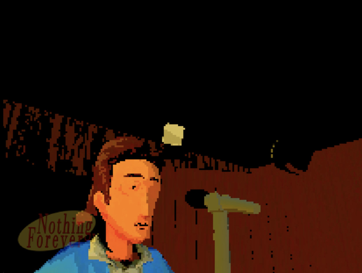 Obraz postaci w stylu Jerry'ego Seinfelda. Postać jest renderowana w grubych pikselach 3D, a w lewym dolnym rogu znajduje się zwodniczy znak wodny z napisem „Nic na zawsze”.