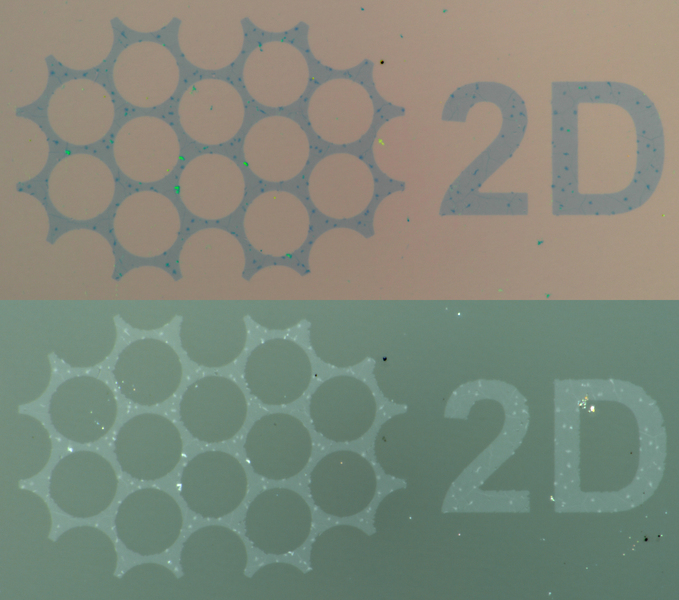 transférer du graphène à motifs, une feuille de carbone d'un atome d'épaisseur, d'un substrat source (image du haut) vers un polymère adhésif récepteur (image du bas)