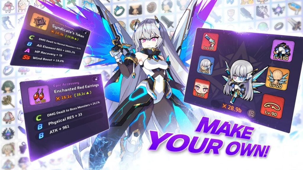 Feature image for our Soul Strike tier list. It shows promotional art of a character with silver hair and multicolored wings with several accessory and customization sheets.
