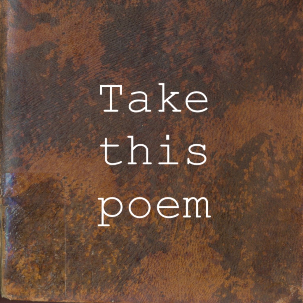 Zin "Neem dit gedicht" geschreven op een bruine achtergrond.
