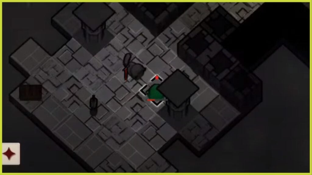 the image shows the black cat protag who is battling a green slime entity. The dungeon is made of grey tiles with pillars and corridors for the cat to explore