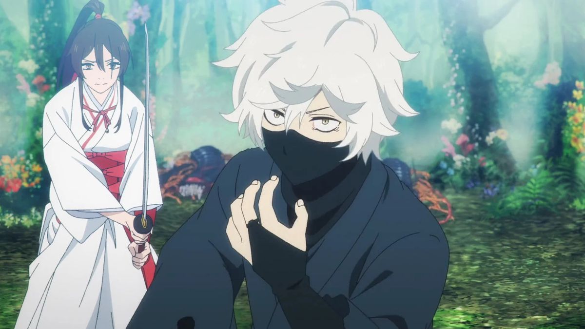 (L-R) Egy barna hajú, lófarokba öltözött, kardot forgató, fehér-piros kimonós anime nő (Sagiri) áll egy fekete nindzsa ruhába öltözött fehér hajú anime férfi (Gabimaru) mögött a Hell’s Paradise-ban.