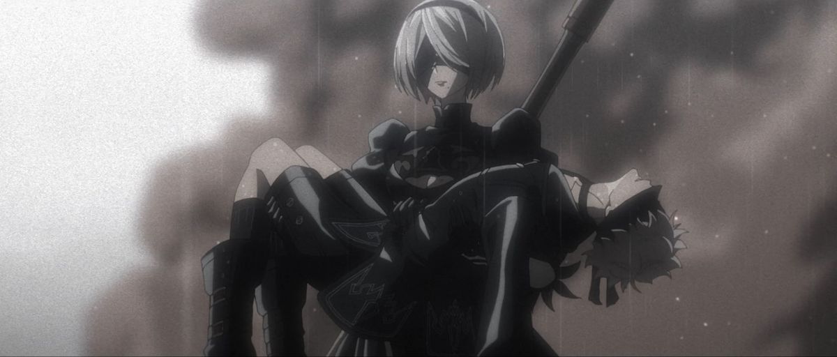 Eine platinhaarige Anime-Frau mit verbundenen Augen in einem Gothic-Lolita-Outfit und einem Breitschwert auf dem Rücken hält den bewusstlosen Körper eines Anime-Mannes in einem ähnlichen Outfit mit einer Rauchwolke und sichtbarem Regen in der Ferne.